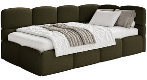 Łóżko młodzieżowe 90x200 cm Cloudy prawostronne z materacem i pojemnikiem oliwkowe boucle Wyprzedaż