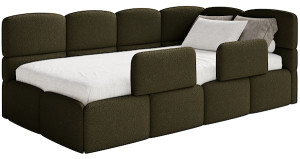 Łóżko młodzieżowe 90x200 cm Cloudy prawostronne z pojemnikiem i barierkami oliwkowe boucle Wyprzedaż