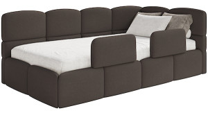 Łóżko młodzieżowe 90x200 cm Cloudy prawostronne z pojemnikiem i barierkami brązowe szenil Wyprzedaż