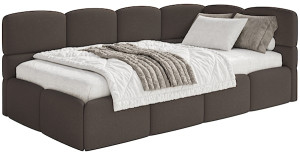 Łóżko młodzieżowe 90x200 cm Cloudy prawostronne z materacem i pojemnikiem brązowe szenil Wyprzedaż