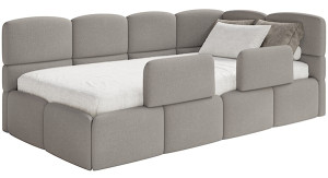 Łóżko młodzieżowe 90x200 cm Cloudy prawostronne z materacem pojemnikiem i barierkami jasnobrązowe szenil Wyprzedaż