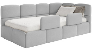 Łóżko młodzieżowe 90x200 cm Cloudy prawostronne z materacem pojemnikiem i barierkami jasnoszare szenil Wyprzedaż