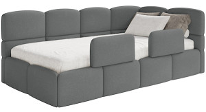 Łóżko młodzieżowe 90x200 cm Cloudy prawostronne z materacem pojemnikiem i barierkami ciemnoszare szenil Wyprzedaż