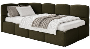 Łóżko młodzieżowe 90x200 cm Cloudy lewostronne z materacem i pojemnikiem oliwkowe boucle Wyprzedaż