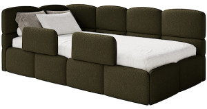 Łóżko młodzieżowe 90x200 cm Cloudy lewostronne z pojemnikiem i barierkami oliwkowe boucle Wyprzedaż