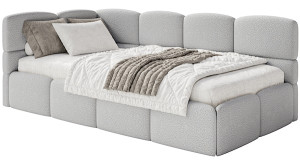 Łóżko młodzieżowe 90x200 cm Cloudy lewostronne z materacem i pojemnikiem szarobeżowe boucle Wyprzedaż