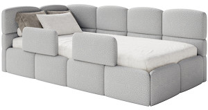 Łóżko młodzieżowe 90x200 cm Cloudy lewostronne z pojemnikiem i barierkami szarobeżowe boucle Wyprzedaż