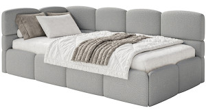 Łóżko młodzieżowe 90x200 cm Cloudy lewostronne z pojemnikiem szare boucle Wyprzedaż