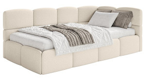 Łóżko młodzieżowe 90x200 cm Cloudy prawostronne z pojemnikiem jasnobeżowe boucle Wyprzedaż