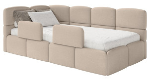 Łóżko młodzieżowe 90x200 cm Cloudy lewostronne z pojemnikiem i barierkami beżowe szenil Wyprzedaż