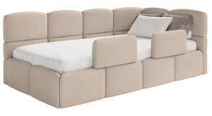 Łóżko młodzieżowe 90x200 cm Cloudy prawostronne z materacem pojemnikiem i barierkami beżowe szenil Wyprzedaż