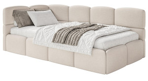 Łóżko młodzieżowe 90x200 cm Cloudy lewostronne z pojemnikiem kremowe szenil Wyprzedaż