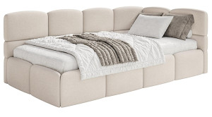 Łóżko młodzieżowe 90x200 cm Cloudy prawostronne z materacem i pojemnikiem kremowe szenil Wyprzedaż