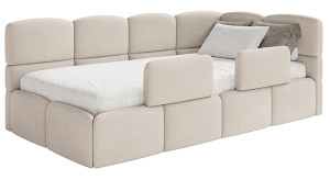 Łóżko młodzieżowe 90x200 cm Cloudy prawostronne z materacem pojemnikiem i barierkami kremowe szenil Wyprzedaż