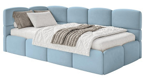 Łóżko młodzieżowe 90x200 cm Cloudy lewostronne z materacem i pojemnikiem błękitne welur hydrofobowy łatwoczyszczący