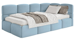 Łóżko młodzieżowe 90x200 cm Cloudy prawostronne z materacem i pojemnikiem błękitne welur hydrofobowy łatwoczyszczący Wyprzedaż