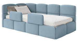 Łóżko młodzieżowe 90x200 cm Cloudy lewostronne z materacem pojemnikiem i barierkami błękitne welur hydrofobowy łatwoczyszczący Wyprzedaż