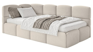 Łóżko młodzieżowe 90x200 cm Cloudy lewostronne z materacem i pojemnikiem jasnobeżowe welur hydrofobowy łatwoczyszczący Wyprzedaż