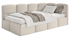 Łóżko młodzieżowe 90x200 cm Cloudy prawostronne z materacem i pojemnikiem jasnobeżowe welur hydrofobowy łatwoczyszczący Wyprzedaż