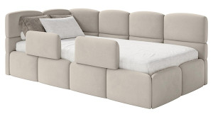 Łóżko młodzieżowe 90x200 cm Cloudy lewostronne z pojemnikiem i barierkami jasnobeżowe welur hydrofobowy łatwoczyszczący Wyprzedaż