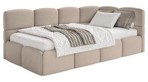Łóżko młodzieżowe 90x200 cm Cloudy prawostronne z materacem i pojemnikiem beżowe welur hydrofobowy łatwoczyszczący Wyprzedaż