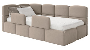 Łóżko młodzieżowe 90x200 cm Cloudy lewostronne z pojemnikiem i barierkami beżowe welur hydrofobowy łatwoczyszczący Wyprzedaż