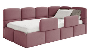 Łóżko młodzieżowe 90x200 cm Cloudy prawostronne z pojemnikiem i barierkami różowe welur hydrofobowy łatwoczyszczący Wyprzedaż