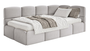 Łóżko młodzieżowe 90x200 cm Cloudy prawostronne z materacem i pojemnikiem jasnoszare welur hydrofobowy łatwoczyszczący Wyprzedaż