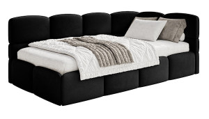 Łóżko młodzieżowe 90x200 cm Cloudy prawostronne z materacem i pojemnikiem czarne welur hydrofobowy łatwoczyszczący Wyprzedaż