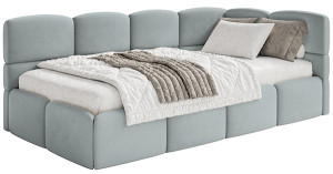 Łóżko młodzieżowe 90x200 cm Cloudy prawostronne z pojemnikiem szare welur hydrofobowy łatwoczyszczący Wyprzedaż