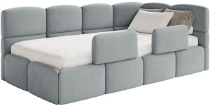 Łóżko młodzieżowe 90x200 cm Cloudy prawostronne z pojemnikiem i barierkami szare welur hydrofobowy łatwoczyszczący Wyprzedaż