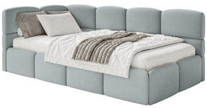 Łóżko młodzieżowe 90x200 cm Cloudy lewostronne z materacem i pojemnikiem szare welur hydrofobowy łatwoczyszczący Wyprzedaż