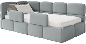 Łóżko młodzieżowe 90x200 cm Cloudy lewostronne z pojemnikiem i barierkami szare welur hydrofobowy łatwoczyszczący Wyprzedaż