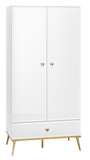 Szafa dwudrzwiowa Darrby 92 cm z szufladą biały/biały połysk ze złotymi nogami HOMEBOOK