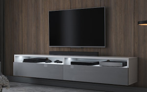 Szafka RTV Rednaw 180 cm Biały mat / Szary połysk z oświetleniem HOMEBOOK