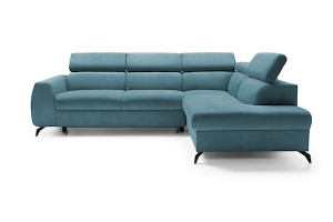 Narożnik rozkładany z funkcją spania Hazryn L-kształtny z regulowanymi zagłówkami i pojemnikiem błękitny welur łatwoczyszczący prawostronny HOMEBOOK