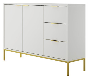 Komoda dwudrzwiowa Diargo z trzema szufladami biała na złotym stelażu Wyprzedaż