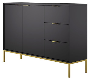 Komoda dwudrzwiowa Diargo z trzema szufladami czarna na złotym stelażu Wyprzedaż