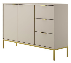 Komoda dwudrzwiowa Diargo z trzema szufladami szarobeżowa na złotym stelażu Wyprzedaż