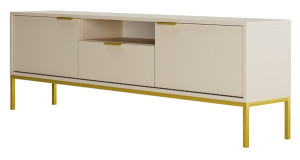 Szafka RTV dwudrzwiowa Diargo 175 cm z szufladą i wnęką szarobeżowa na złotym stelażu Wyprzedaż