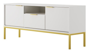 Szafka RTV dwudrzwiowa Diargo 135 cm z szufladą i wnęką biała na złotym stelażu Wyprzedaż