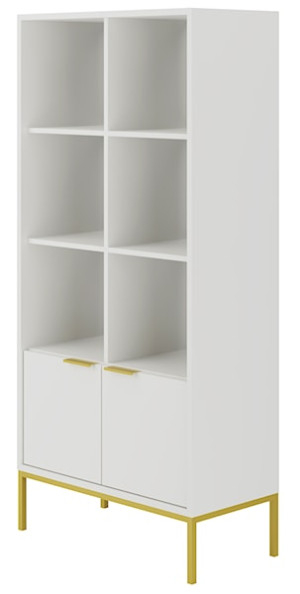 Regał dwudrzwiowy Diargo z otwartymi półkami biały na złotym stelażu Wyprzedaż