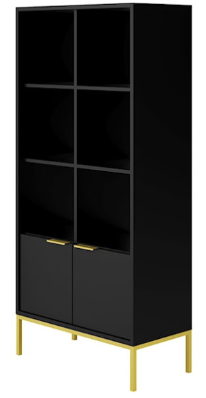 Regał dwudrzwiowy Diargo z otwartymi półkami czarny na złotym stelażu Wyprzedaż