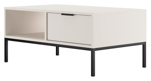 Stolik kawowy Diargo 100 cm z dwiema szufladami i wnęką biały na czarnym stelażu Wyprzedaż