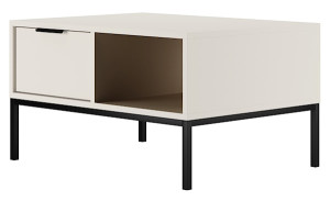 Stolik kawowy Diargo 80 cm z dwiema szufladami i wnęką biały na czarnym stelażu Wyprzedaż