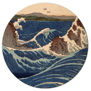 Obraz okrągły Drzeworyt japoński Utagawa Hiroshige wielka niebieska fala średnica 80 cm Wyprzedaż