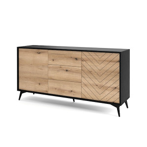 Komoda z szufladami Boulia 154 cm czarna/dąb Evoke jodełka HOMEBOOK