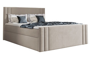 Łóżko kontynentalne Dulmo 180x200 z dwoma pojemnikami, materacem i topperem szarobeżowe hydrofobowe HOMEBOOK