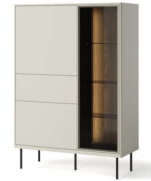 Komoda wysoka Epiro trzydrzwiowa z witryną i oświetleniem 99 cm szary beż / dąb ciemny