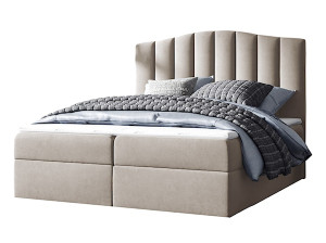 Łóżko kontynentalne Alcudia 200x200 z dwoma pojemnikami, materacem i topperem szarobeżowe hydrofobowe HOMEBOOK